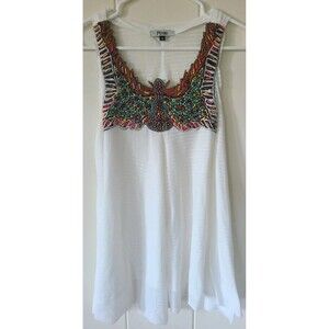 Pixie Womens S/M Beaded Tank Top Loose Flowy Hippie White W Colorful Neckline